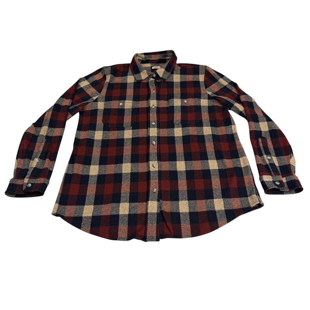 Faherty Legend Sweater Shirt Womens Large Red Navy Plaid Flannel Stretch Knit